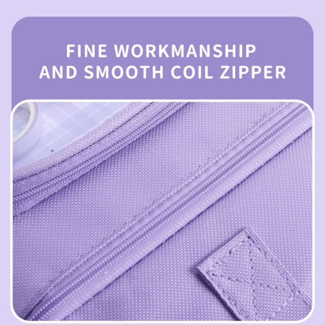 Close-up of purple multipurpose bag by NIYO TOYS showing fine workmanship and smooth coil zipper