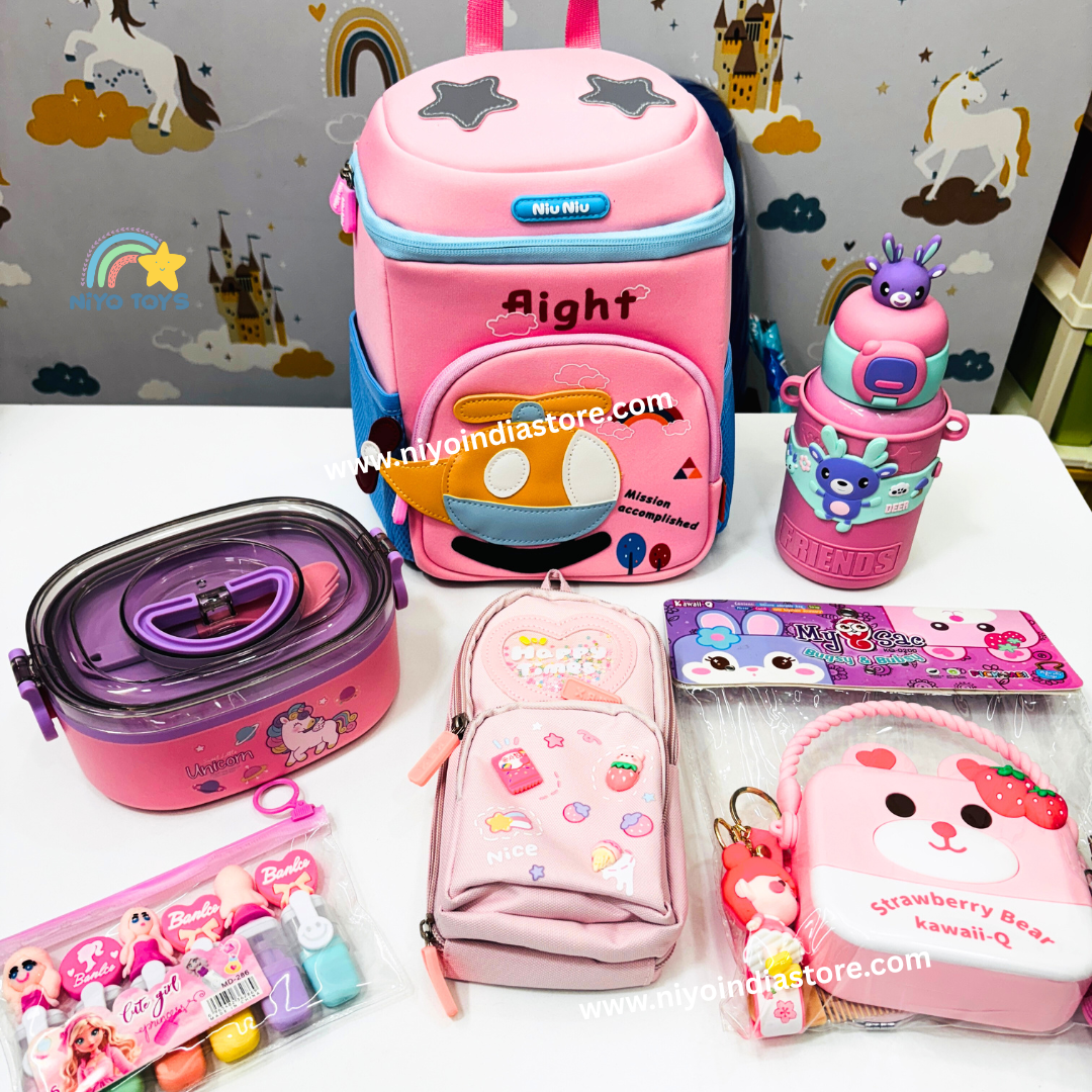 NIYO TOYS pink kids hamper set with star backpack, lunchbox, water bottle, pencil case, and accessories