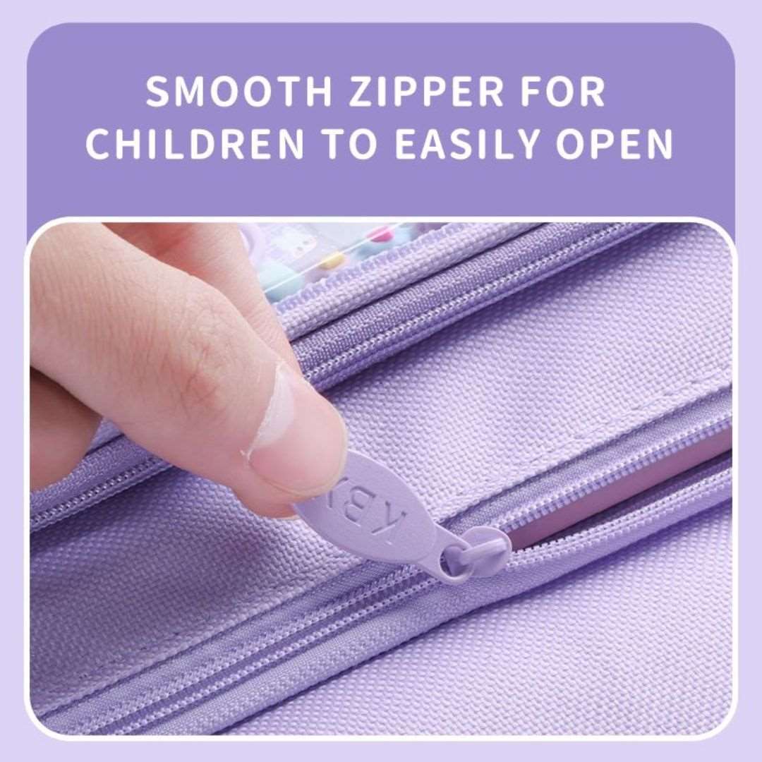 Close-up of smooth zipper on NIYO TOYS multipurpose bag in purple easy for children to open