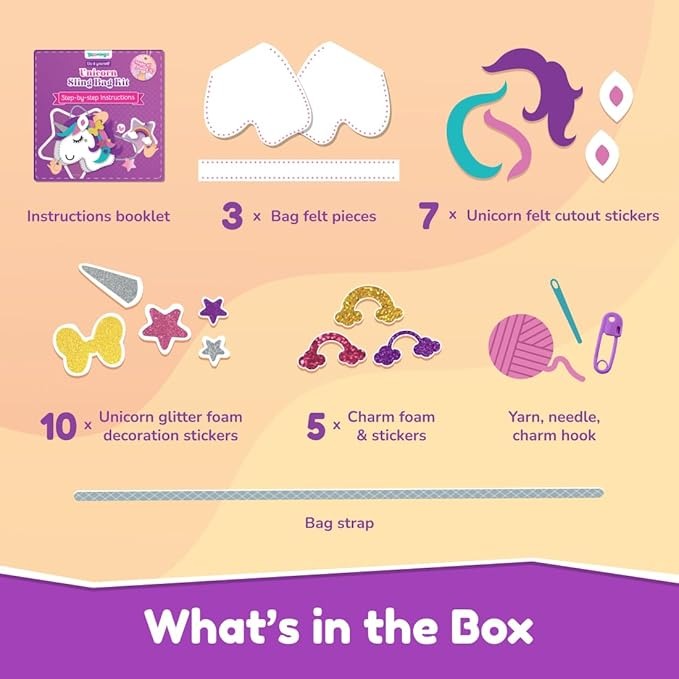 NIYO TOYS Unicorn DIY felt craft kit with instruction booklet, felt pieces, glitter stickers, charms, yarn, needle, and bag strap