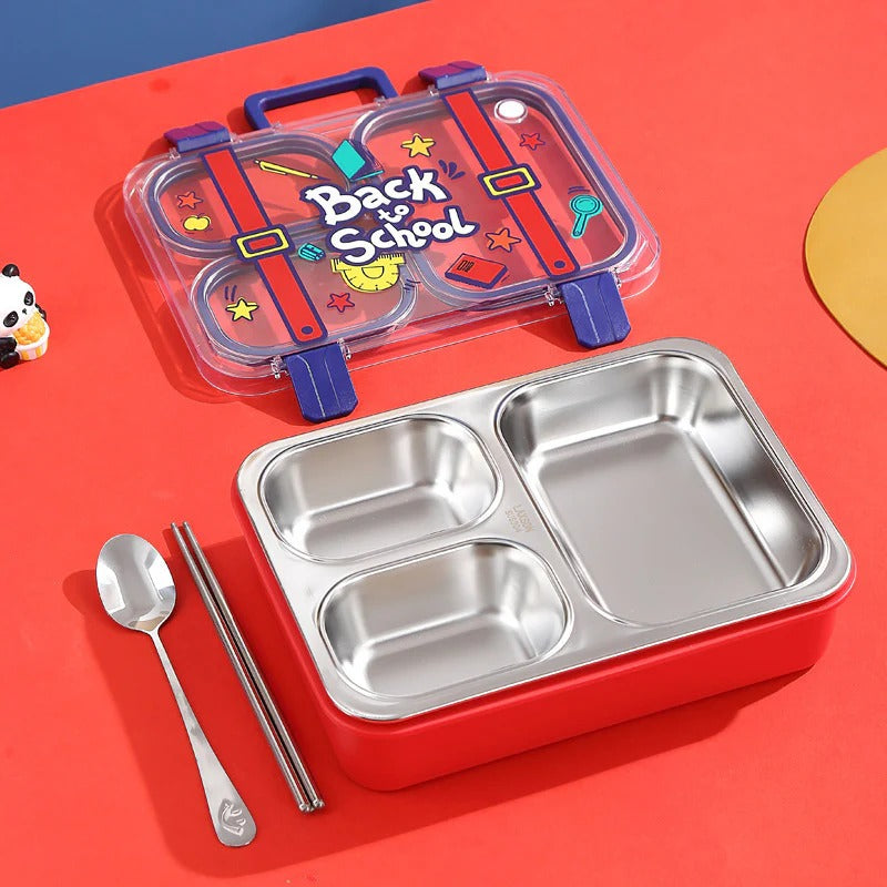 Red 3 compartment lunch box for kids with fun school-themed design and durable stainless steel interior