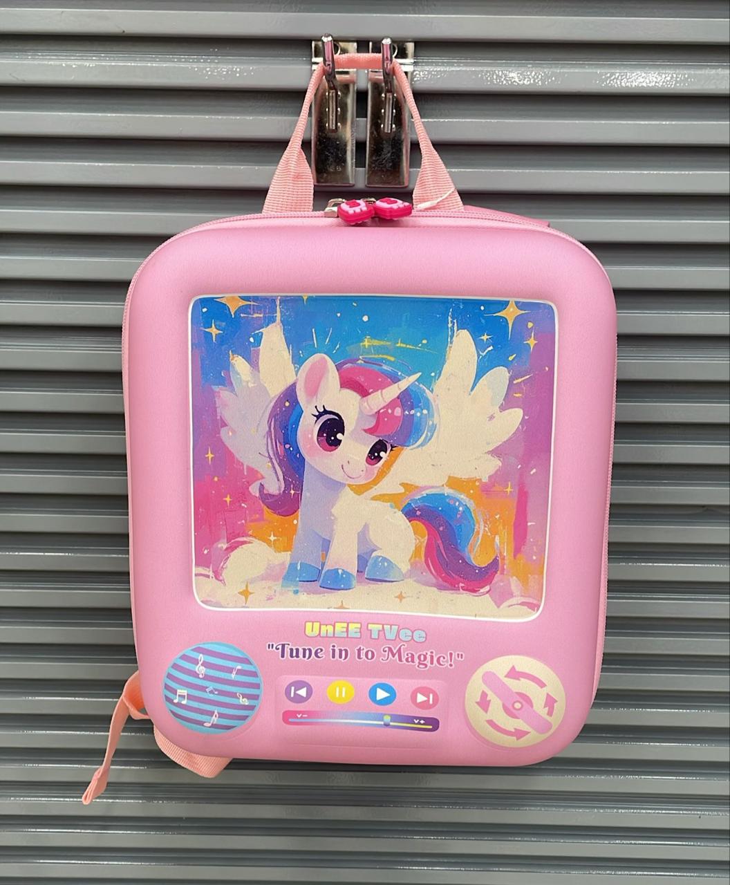 Pink 3D kids backpack by NIYO TOYS featuring a colorful unicorn design with wings and magic theme