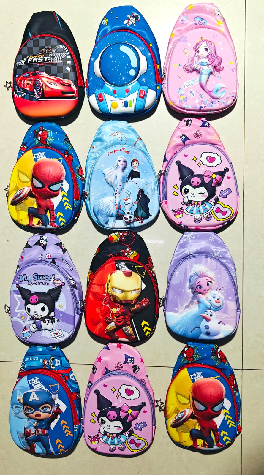 Colorful NIYO TOYS 3D toddler chest bags featuring popular characters for fun school use