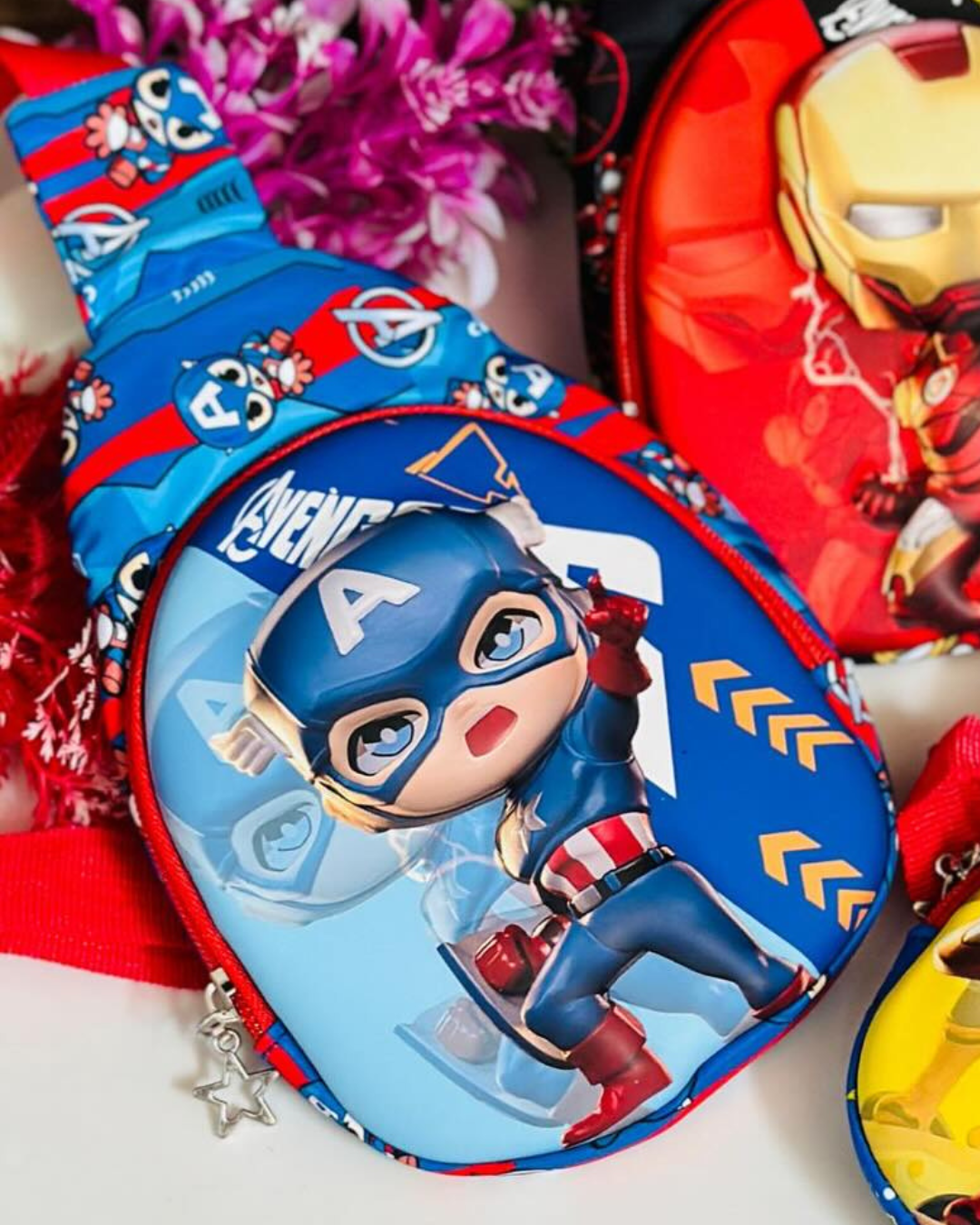 NIYO TOYS 3D toddler chest bags featuring a playful Captain America design for kids