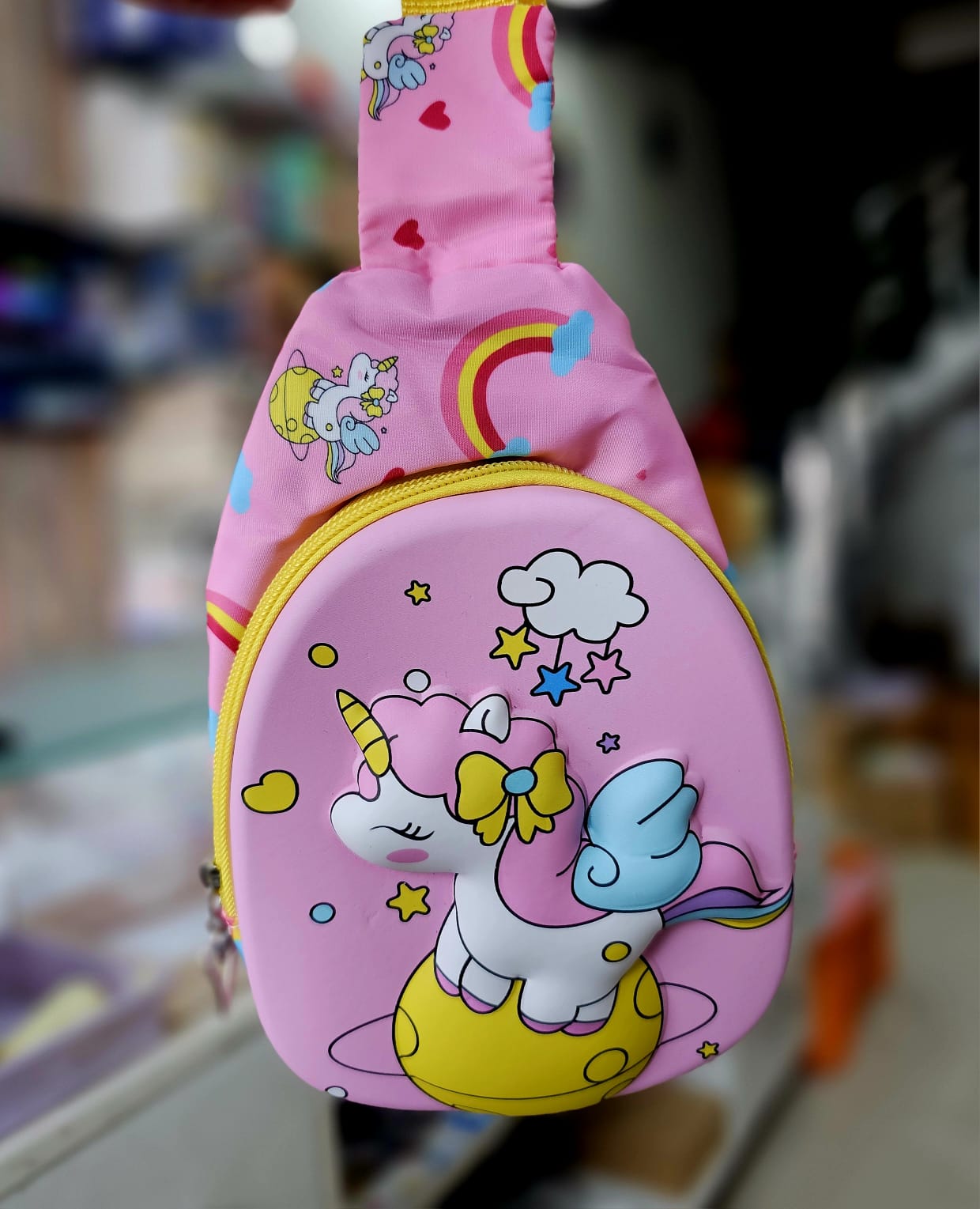 NIYO TOYS 3D toddler chest bags featuring a colorful unicorn design for kids' school essentials