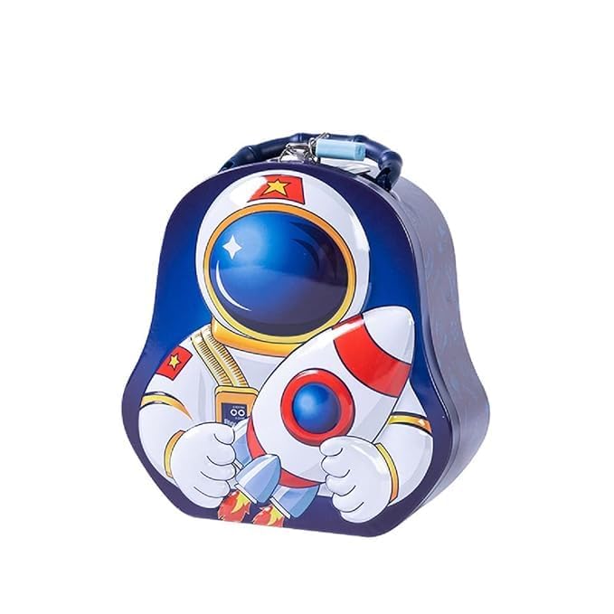 Space Theme Metal Piggy Bank for Kids | Money Saving Tin Coin Bank with Lock (Blue)