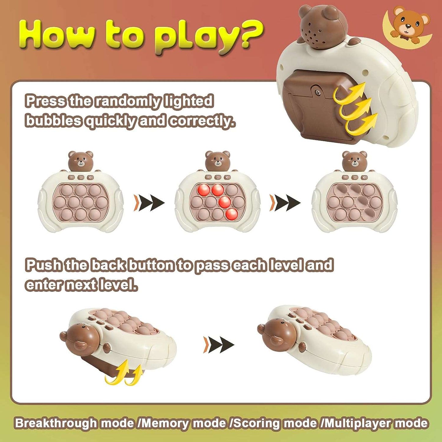 Anti Stress Sensory Bubble Pop Fidget Toys 4 Modes Quick Push Puzzle Handheld Flashing Console Toy For Kids And Adults NIYO TOYS