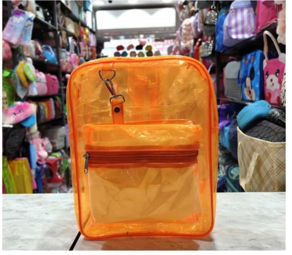 NIYO TOYS Neon Backpacks for Kids in Bright Orange with Transparent Design and Front Pocket