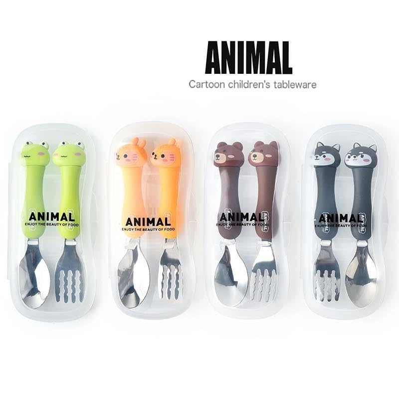 NIYO TOYS animal-themed children’s feeding set with cartoon spoon and fork in green, orange, brown, and black handles