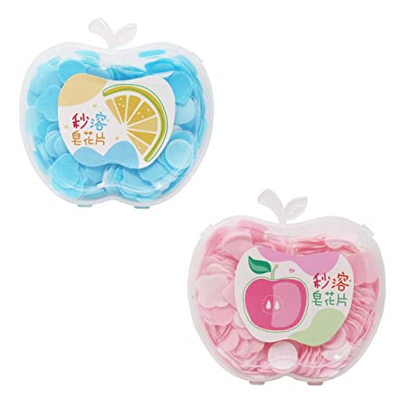 Colorful apple-shaped confetti in blue and pink for party decorations, ideal for ages 3 and up