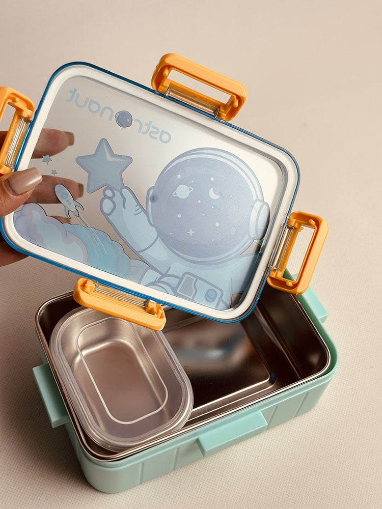 NIYO TOYS Astronaut-Themed Lunch Box with Removable Inner Container and Bright Orange Handles