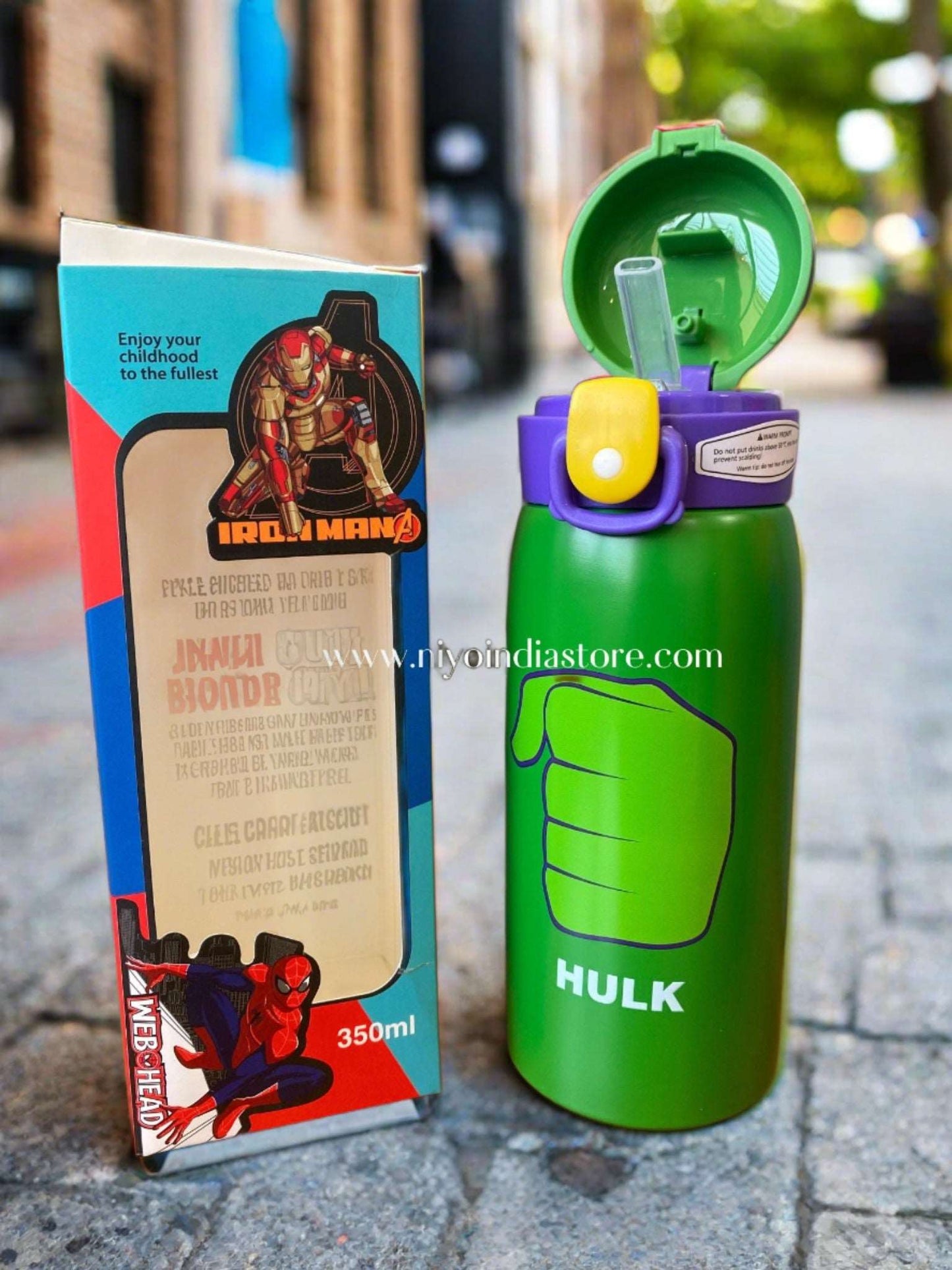 Green Hulk Avenger water bottle for kids with flip-top lid and straw for easy drinking