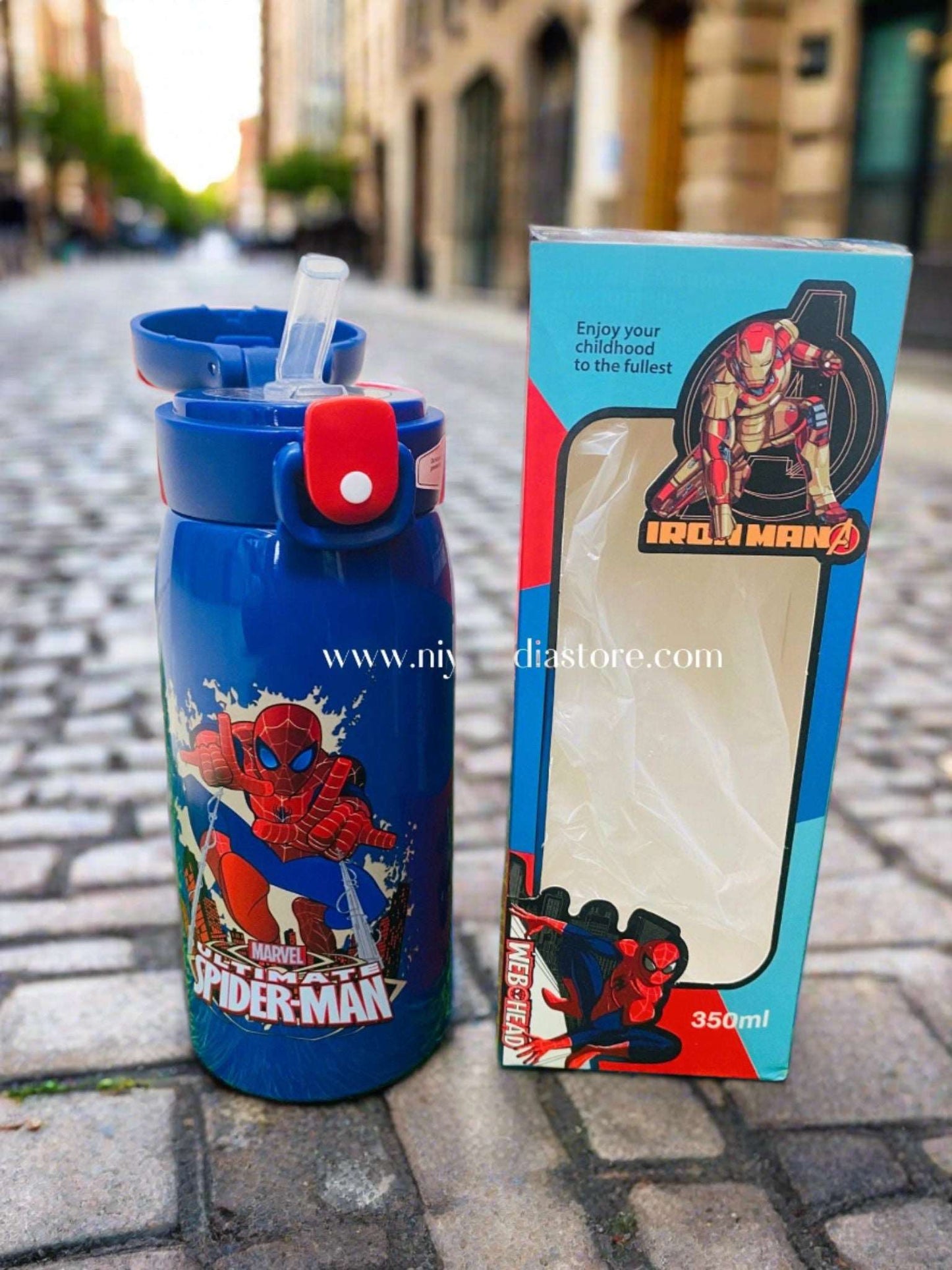 Marvel Spider-Man Avenger water bottle for kids with a straw and 350ml capacity