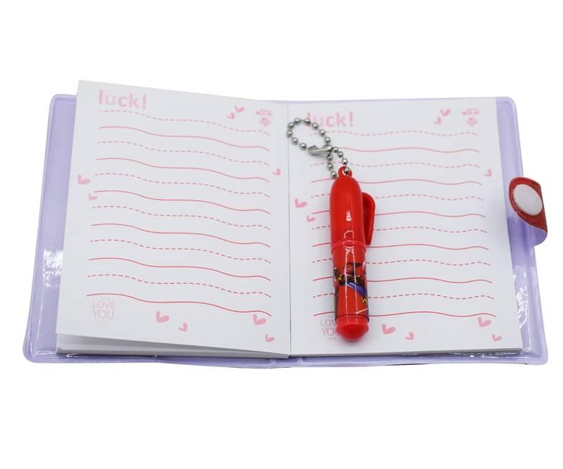 Purple diary with blank pages and a red pen keychain, ideal for kids age 6+, perfect for personal notes