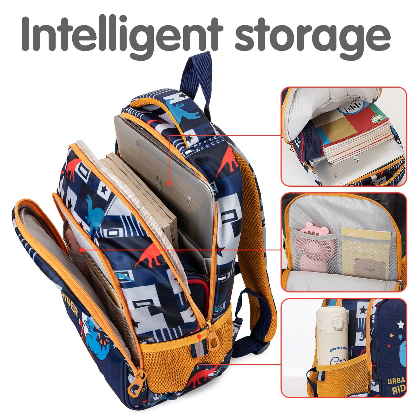 Back to school dino backpack featuring intelligent storage for books and supplies