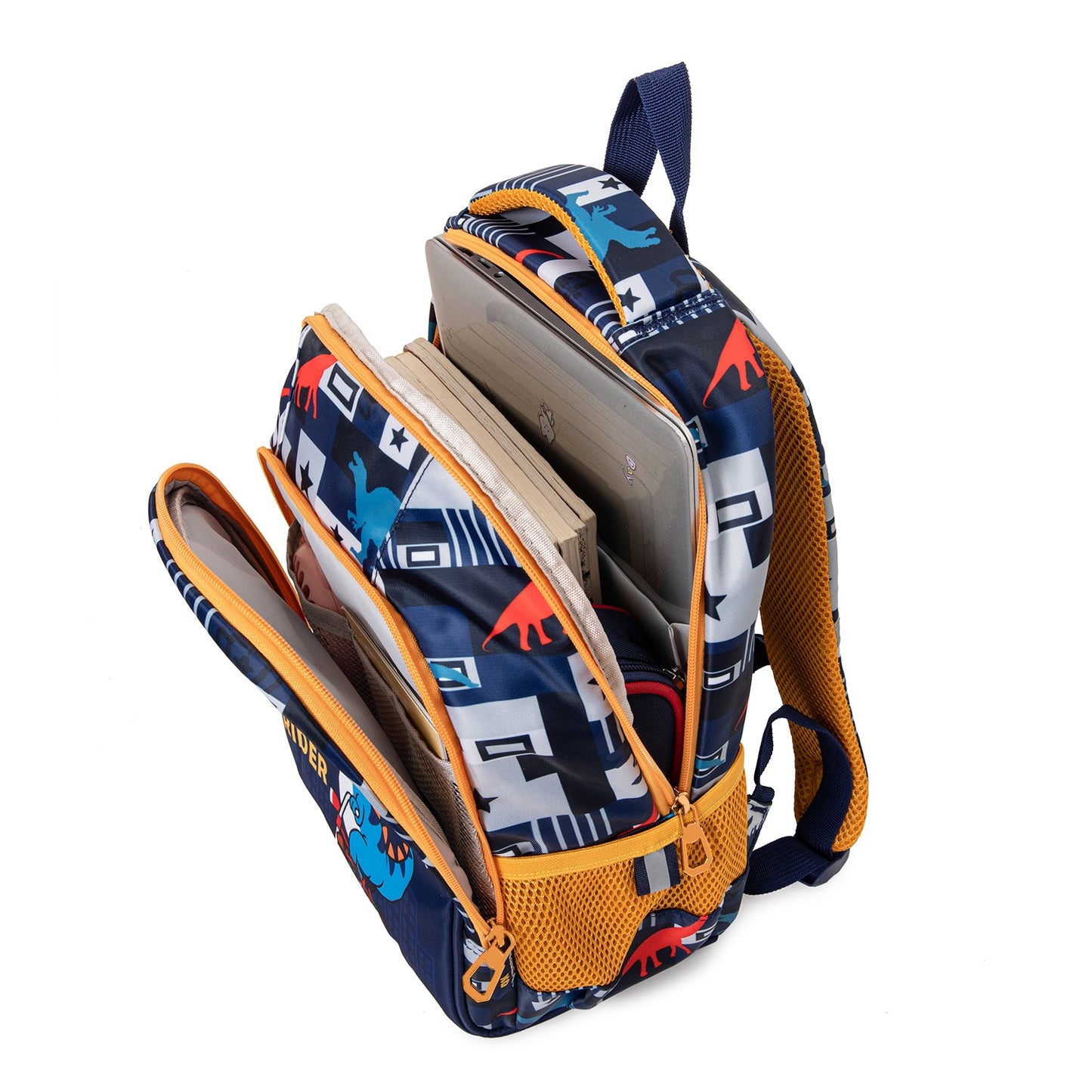 Back to school dino backpack featuring colorful dinosaur patterns and multiple storage compartments