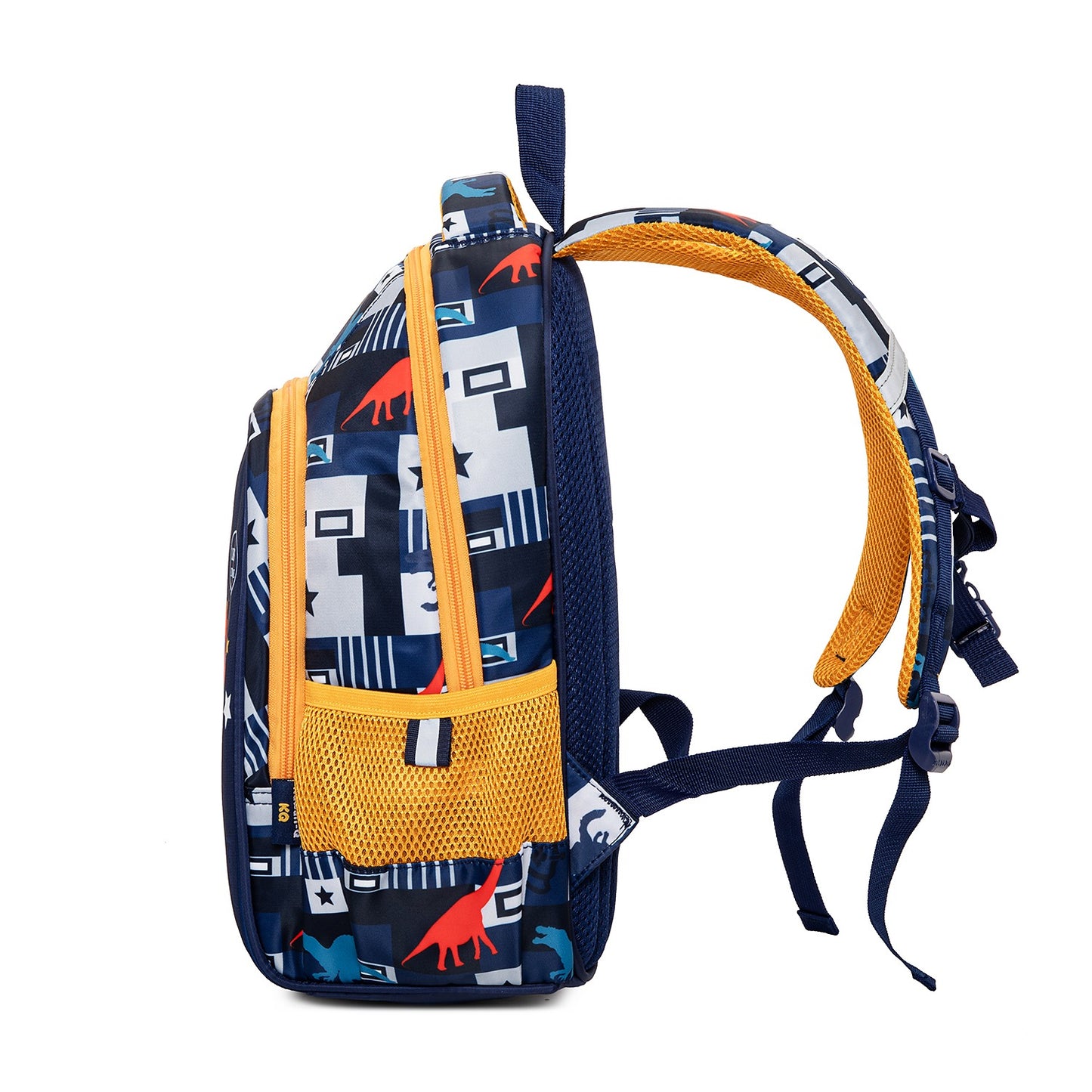 Side view of the NIYO TOYS back to school dino backpack with vibrant dinosaur patterns and mesh pocket