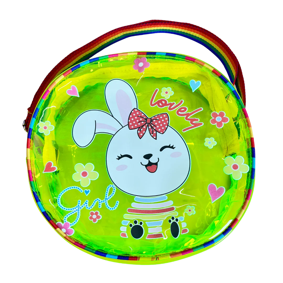 Bright green jelly bag with sling, featuring a cute bunny design for kids aged 3+, perfect for playdates