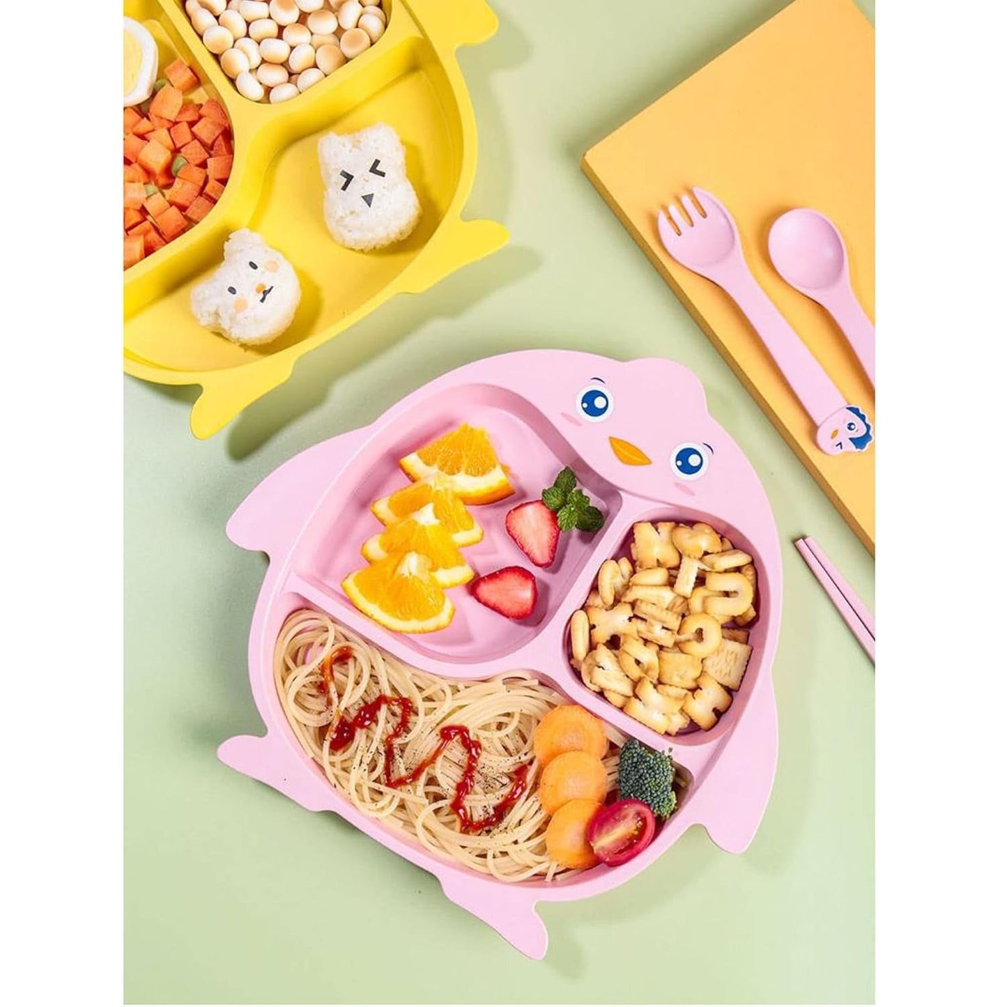 Pink penguin bamboo plates for kids, age 1+, perfect for mealtime and snacks