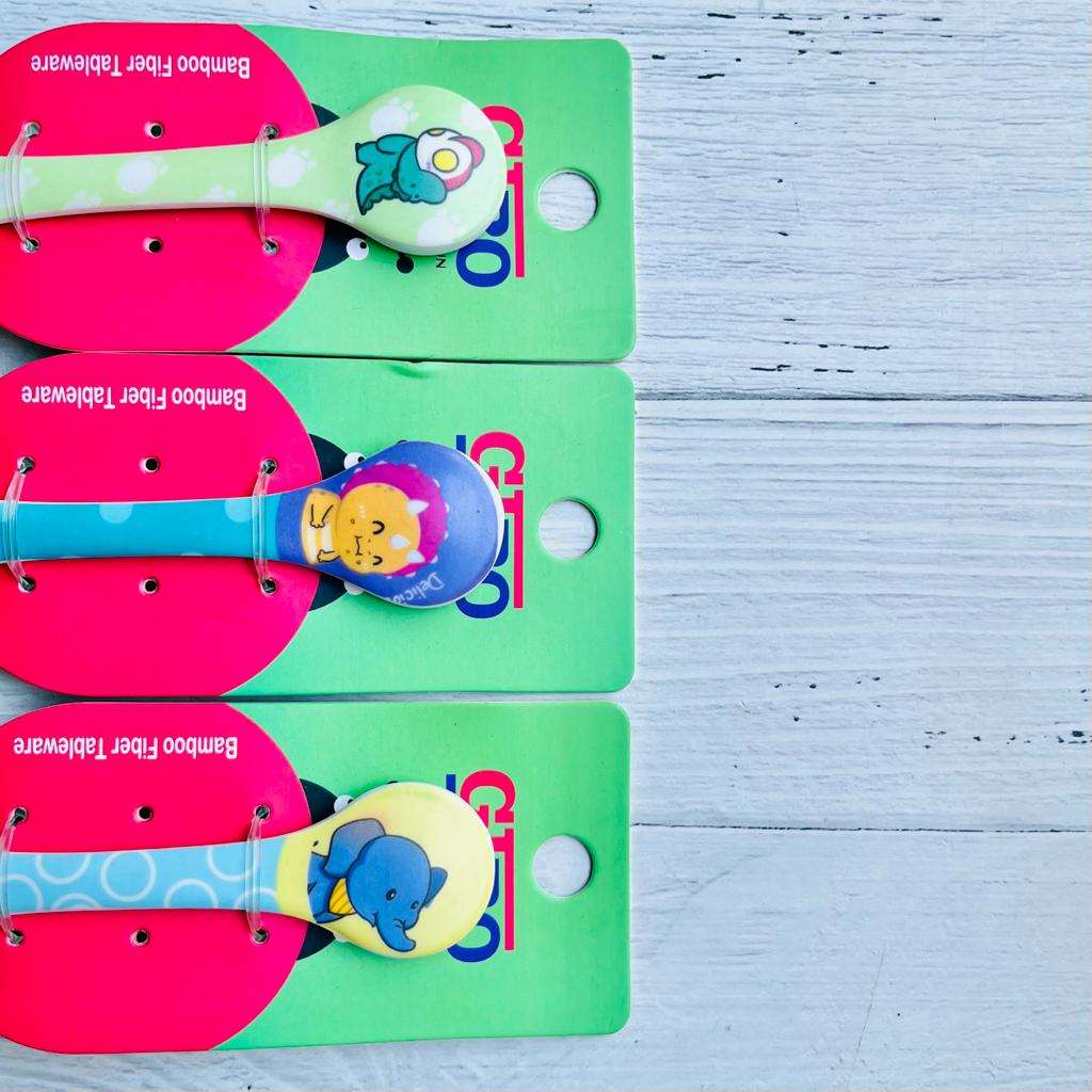 Set of three colorful bamboo spoons with animal designs, ideal for toddlers and young children