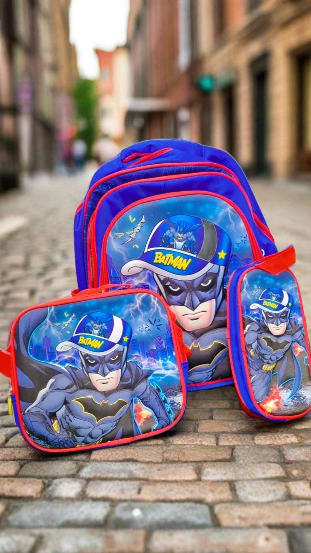 Batman school bag combo featuring a backpack and a lunchbox with vibrant superhero design