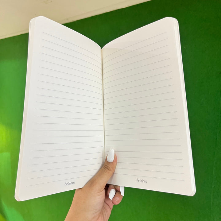 White A5 size notebook dimensions with lined pages, perfect for kids aged 5 and up, great for school use.