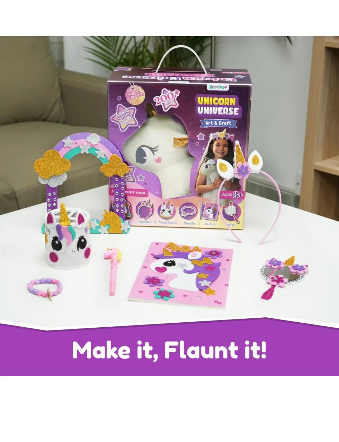 NIYO TOYS Unicorn Universe art and craft kit with headband, rainbow decoration, stickers, and unicorn accessories