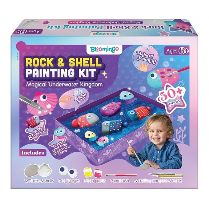 NIYO TOYS Rock and Shell Painting Kit with 50 pieces including rocks, shells, paints, and paintbrush for kids ages 6 and up