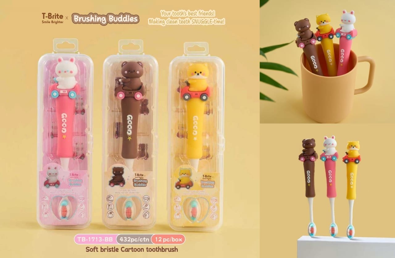 Cute cartoon kids toothbrush featuring playful animal designs for fun brushing experience