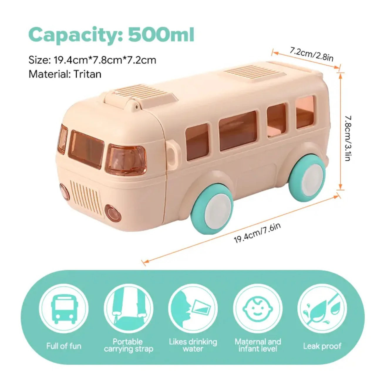 Bus shaped water bottle for kids, tan color, 500ml capacity, perfect for school and outdoor activities