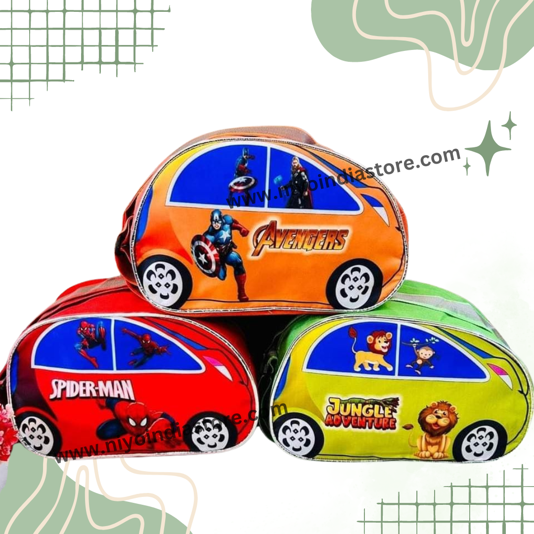 Colorful car shape sling bags for kids featuring Avengers and Spider-Man designs