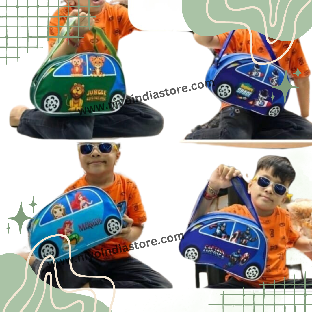 Colorful car shape sling bags for kids featuring playful designs and adjustable straps