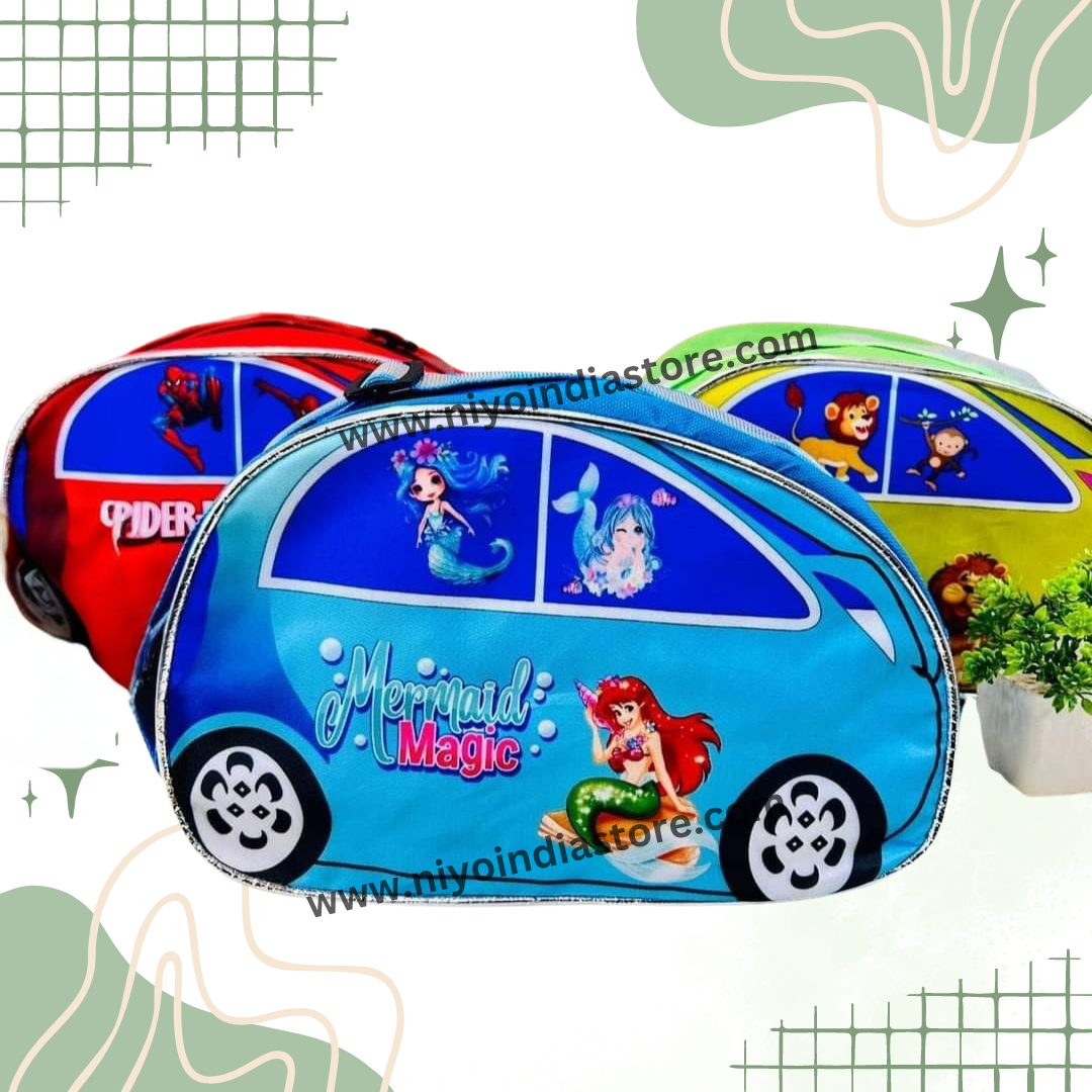 Colorful car shape sling bags for kids featuring Disney characters and fun designs