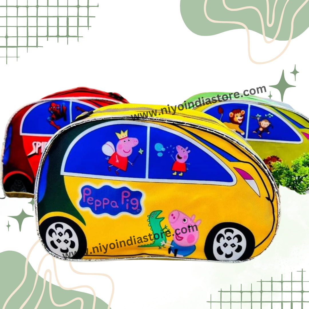 Colorful car shape sling bags for kids featuring Peppa Pig and friends in playful designs