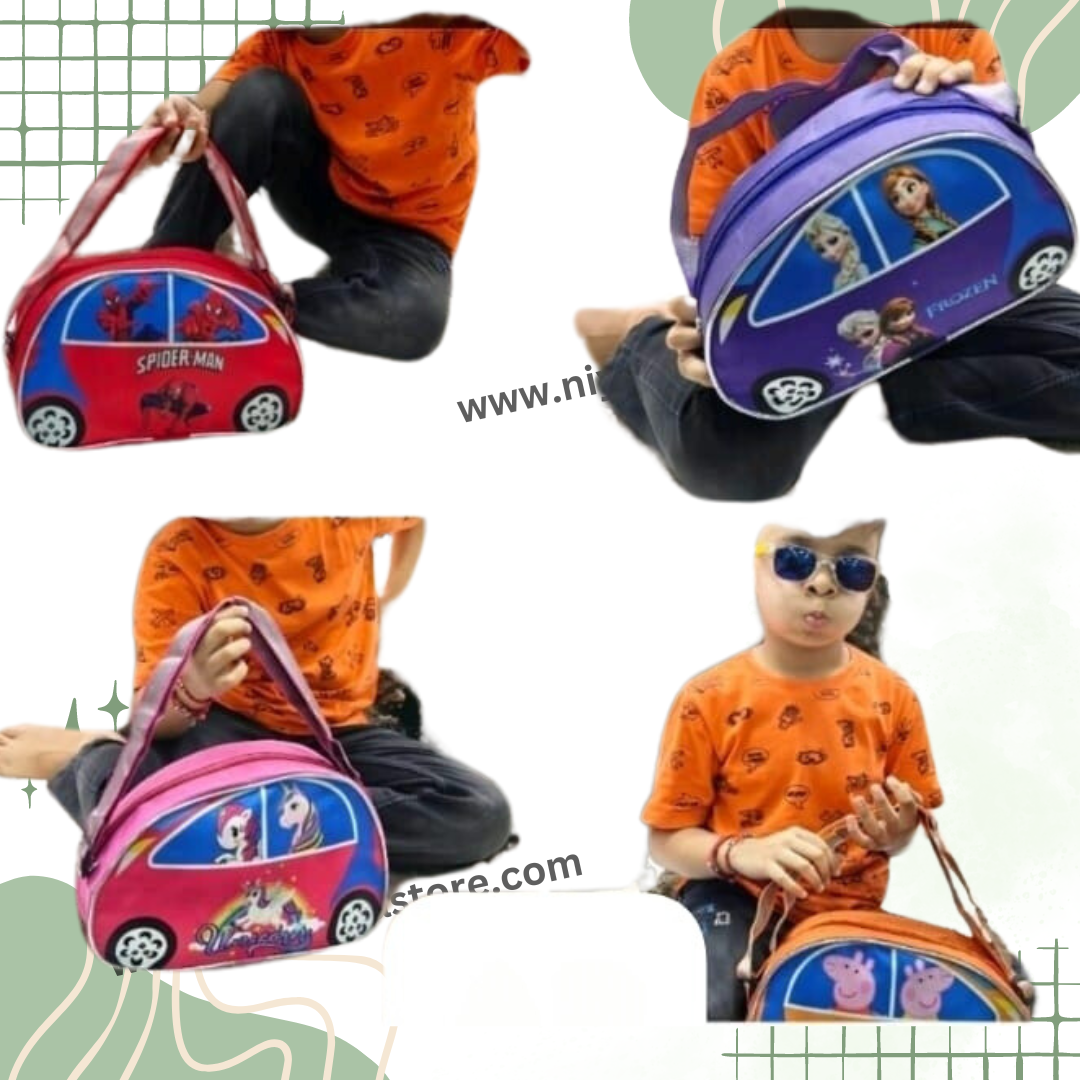 Colorful NIYO TOYS car shape sling bags for kids featuring Spider-Man and Frozen designs