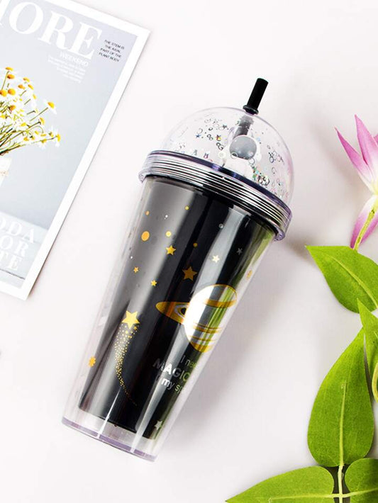 NIYO TOYS cartoon space straw cup with a black design featuring planets and stars for kids