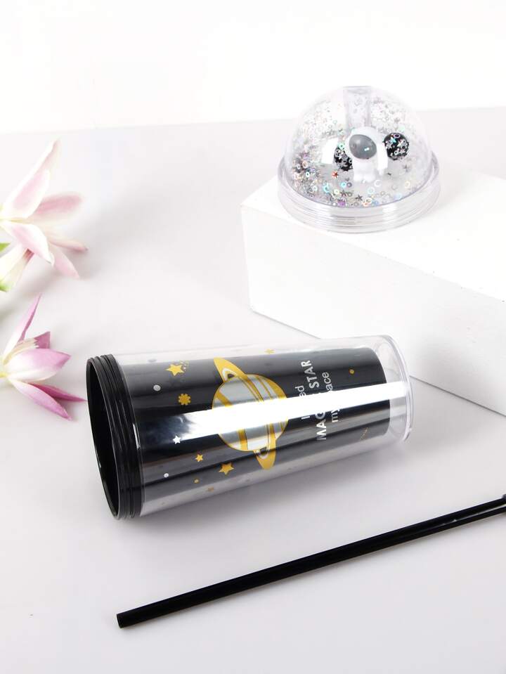 NIYO TOYS cartoon space straw cup with black design and glittery dome lid for fun beverage enjoyment