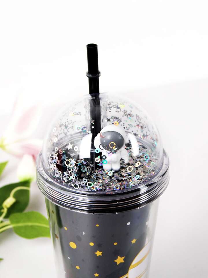 NIYO TOYS cartoon space straw cup with astronaut figure and glitter dome for kids' drinks
