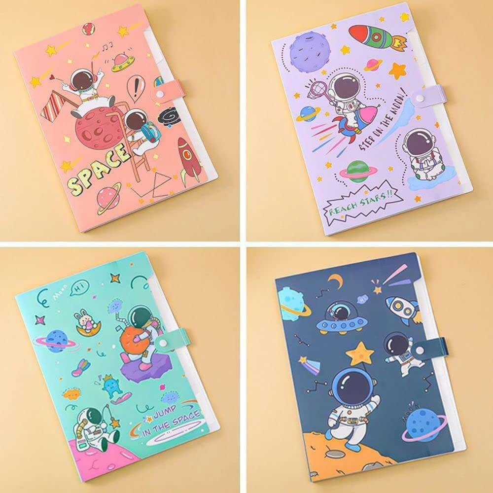 Colorful kids expanding file folder featuring playful astronaut designs and space themes