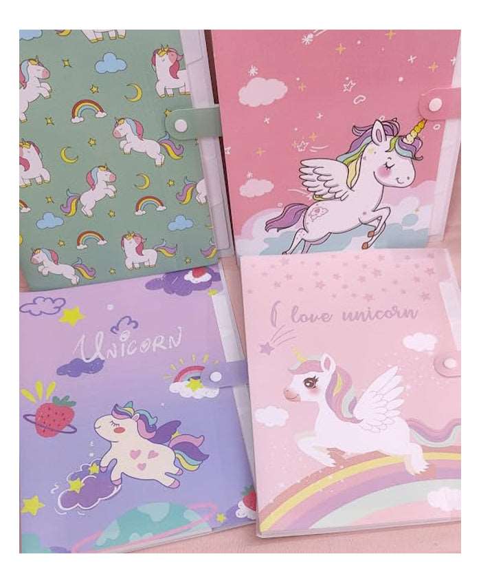 Colorful kids expanding file folder with unicorn designs for organizing school supplies and artwork