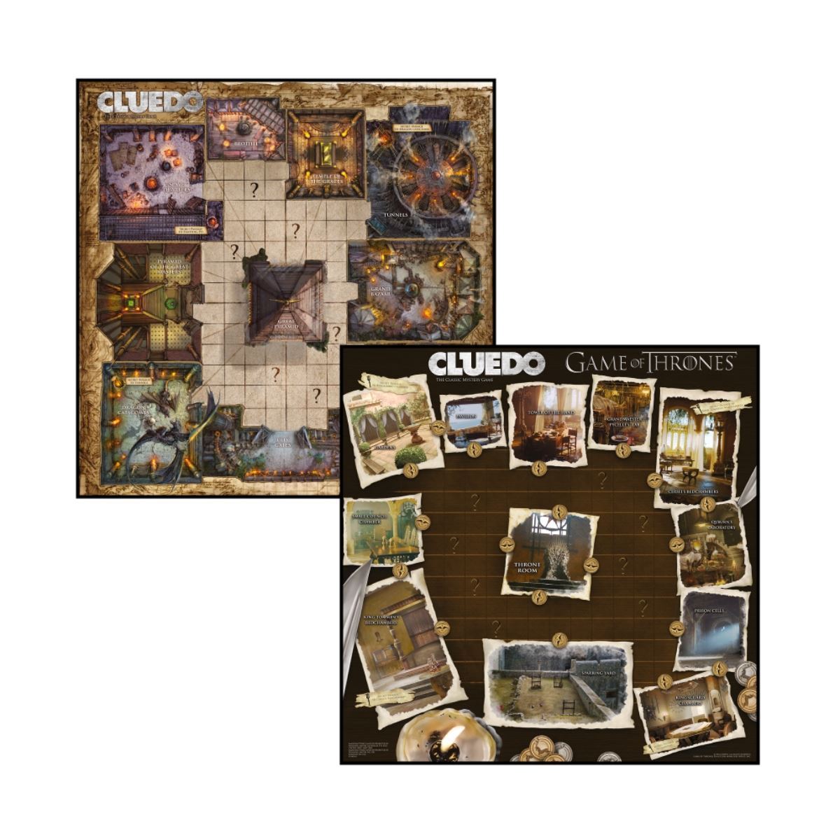 Cluedo Game of Thrones board game featuring dual-sided game boards with intricate designs