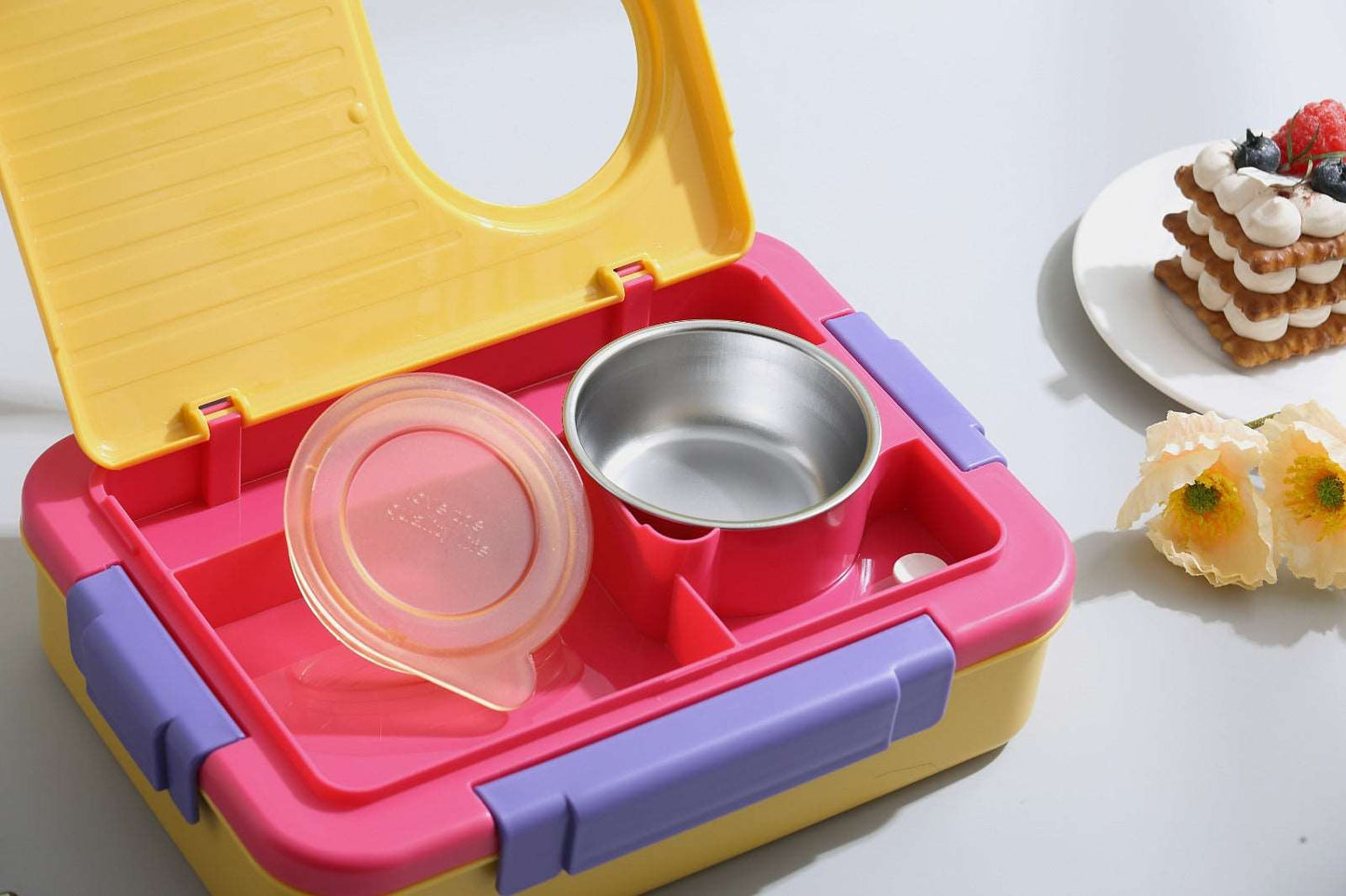 Colorful leakproof lunch box for kids with multiple compartments and stainless steel container
