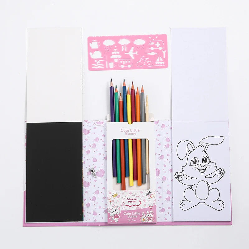 NIYO TOYS Pencil Colors Set with multiple colored pencils and bunny coloring book pages
