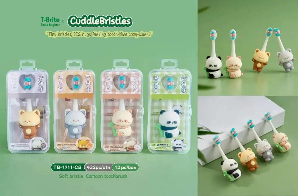 Four colorful soft bristle toothbrushes for children, shaped like cute animals, age 3+, for fun tooth cleaning