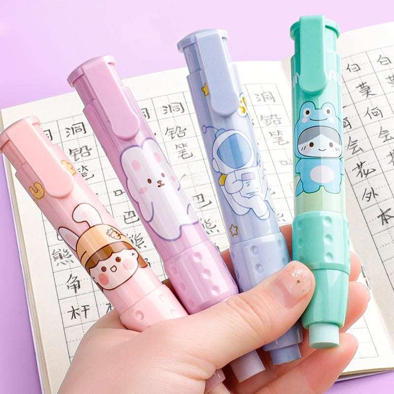 Colorful cute retractable erasers for kids featuring fun animal designs in a hand holding them