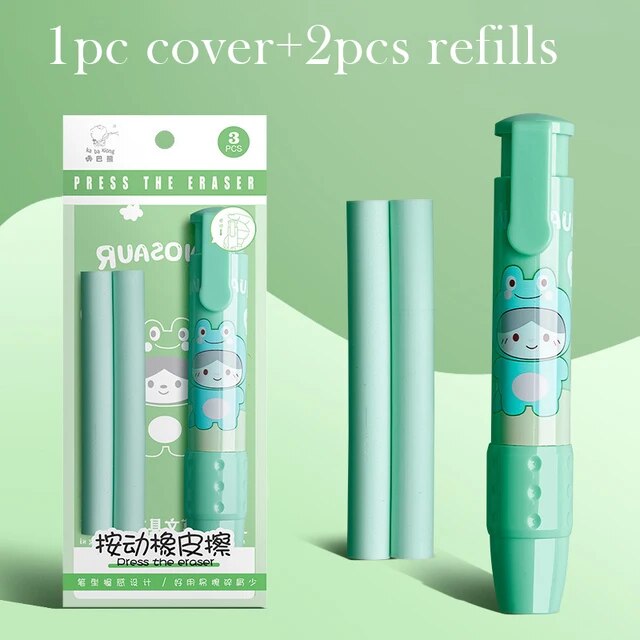Cute retractable erasers for kids in green pack with 1 cover and 2 refills featuring fun character designs