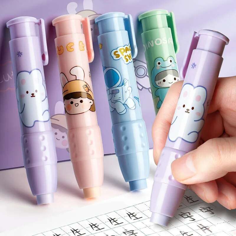 Cute retractable erasers for kids in colorful designs featuring playful cartoon characters