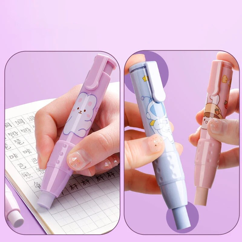 Cute retractable erasers for kids in pastel colors featuring adorable animal designs