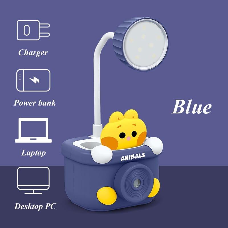 Cute table lamp for kids designed as a blue camera with a playful animal character and flexible light