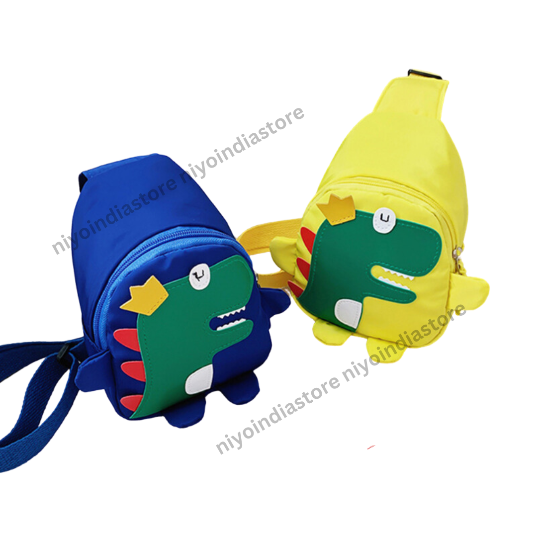 Colorful Dino-King bag for children in blue and yellow, perfect for school and play